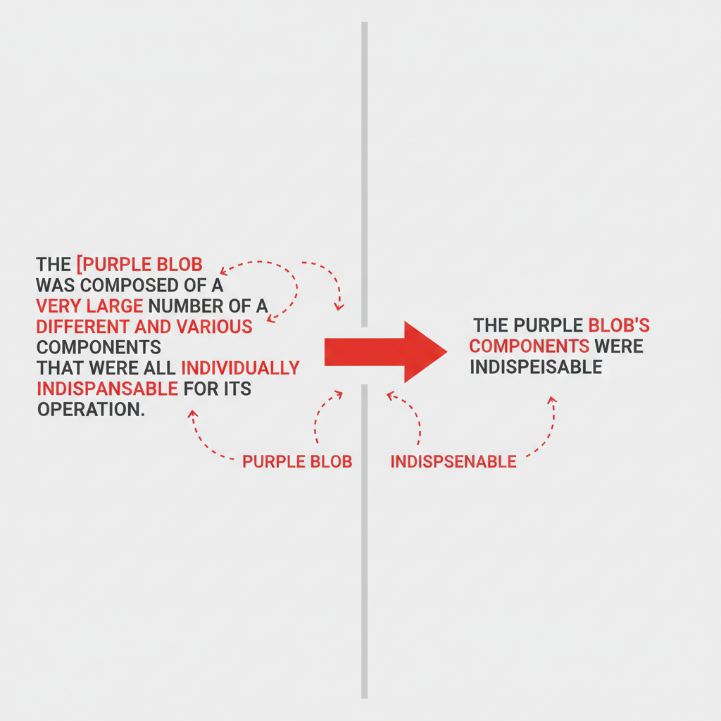 Before-and-after visual comparison of sentence rewriting, showing structural improvement and word reduction.
