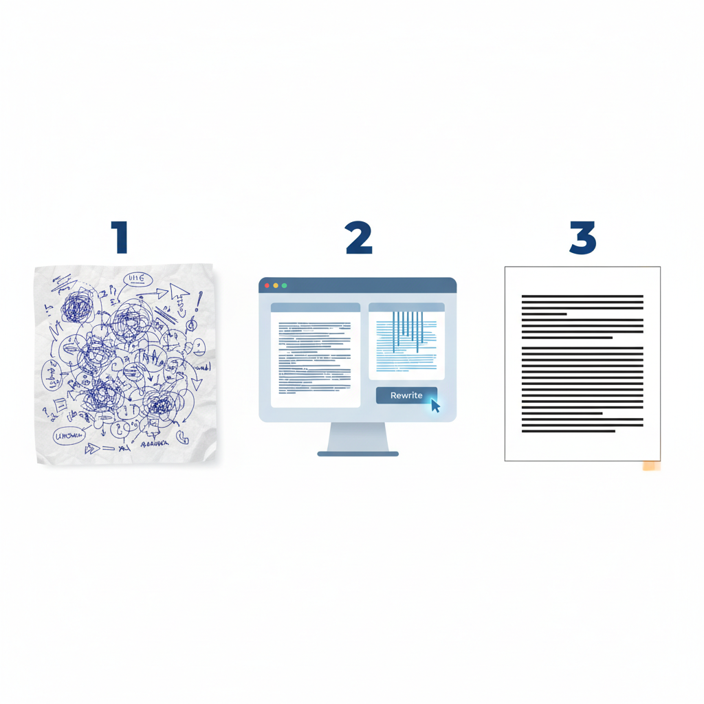 Visual workflow of three-step rewriting process: draft, structural rewrite, polished result.