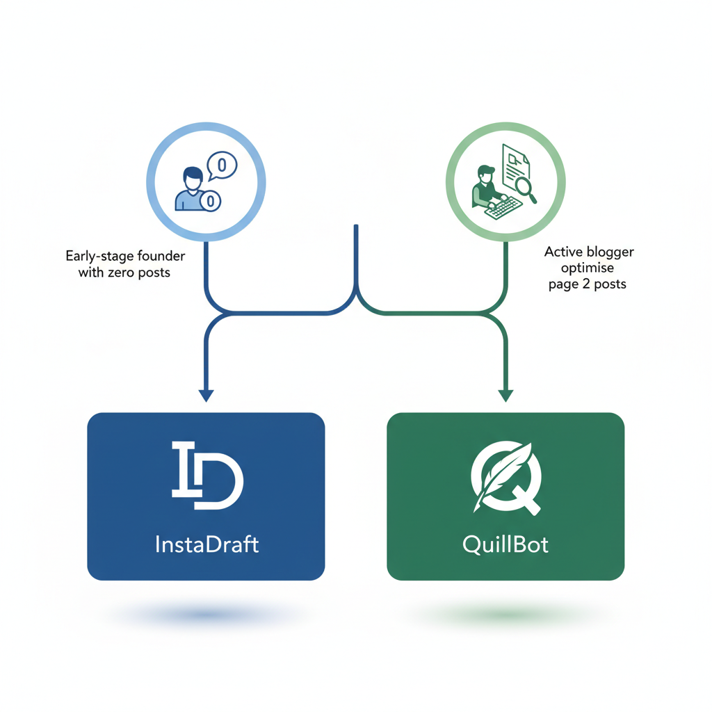 Decision tree showing which AI rewriter tool suits early-stage vs. established content creators.
