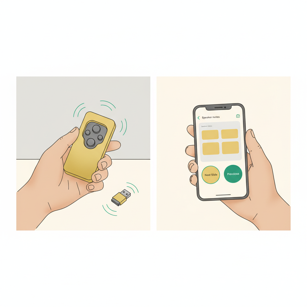Phone-based Google Slides remote versus traditional hardware clicker for presentation control.
