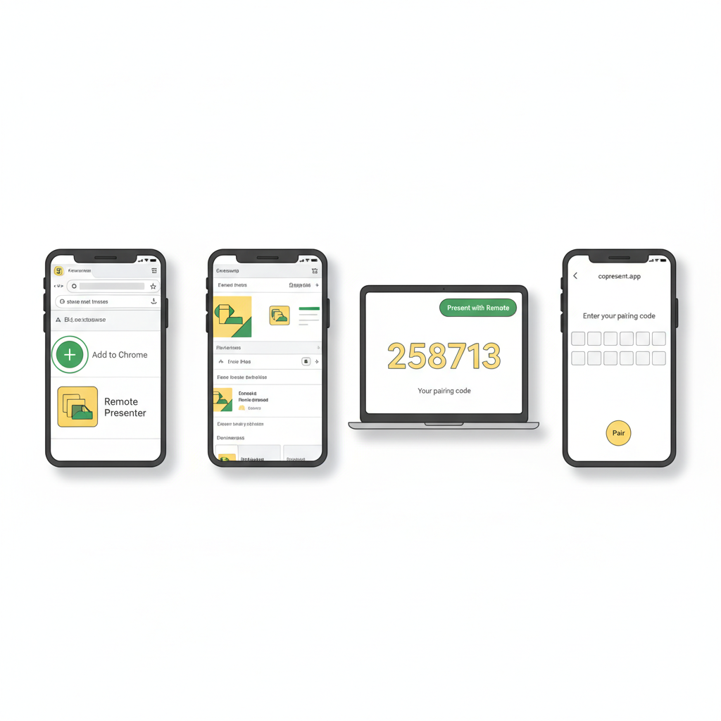 Step-by-step setup sequence for connecting phone to Google Slides remote control without an app.