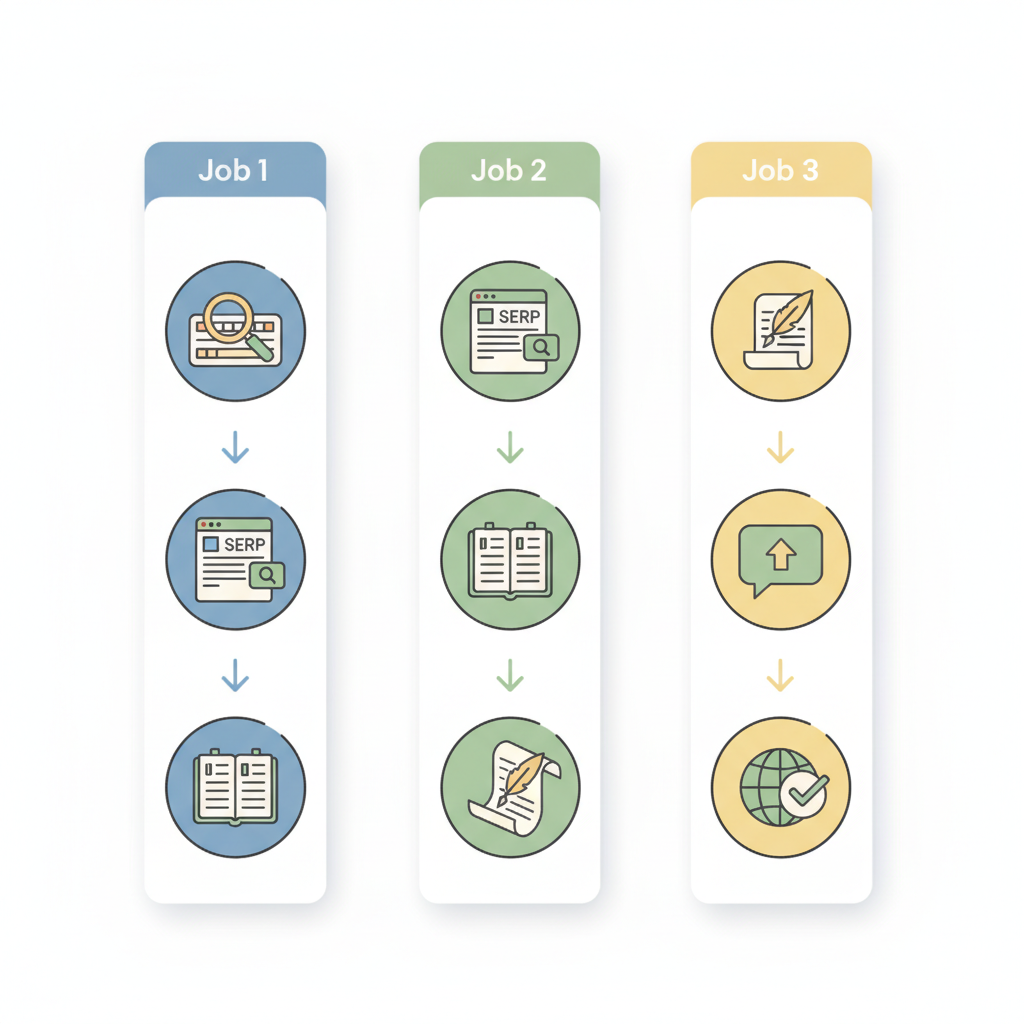 Three-step workflow for AI SEO writing: topic research, brief generation, and draft production