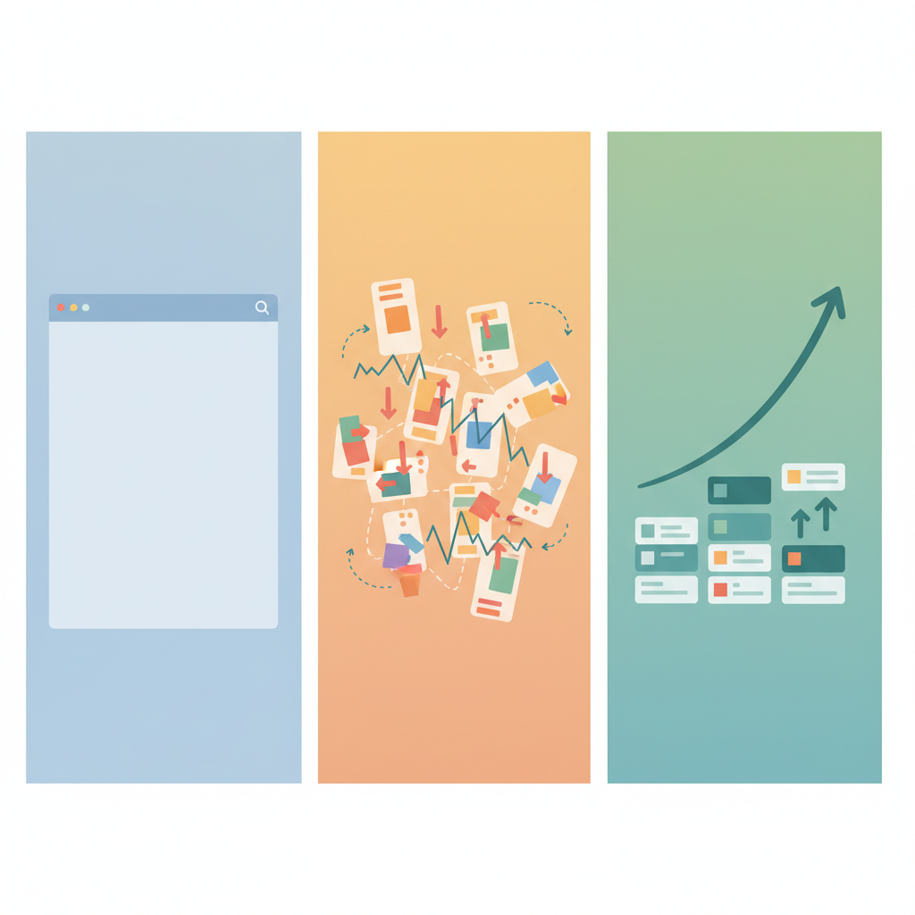 Three content stages: zero posts, inconsistent rankings, and stabilized growth tracked across site maturity