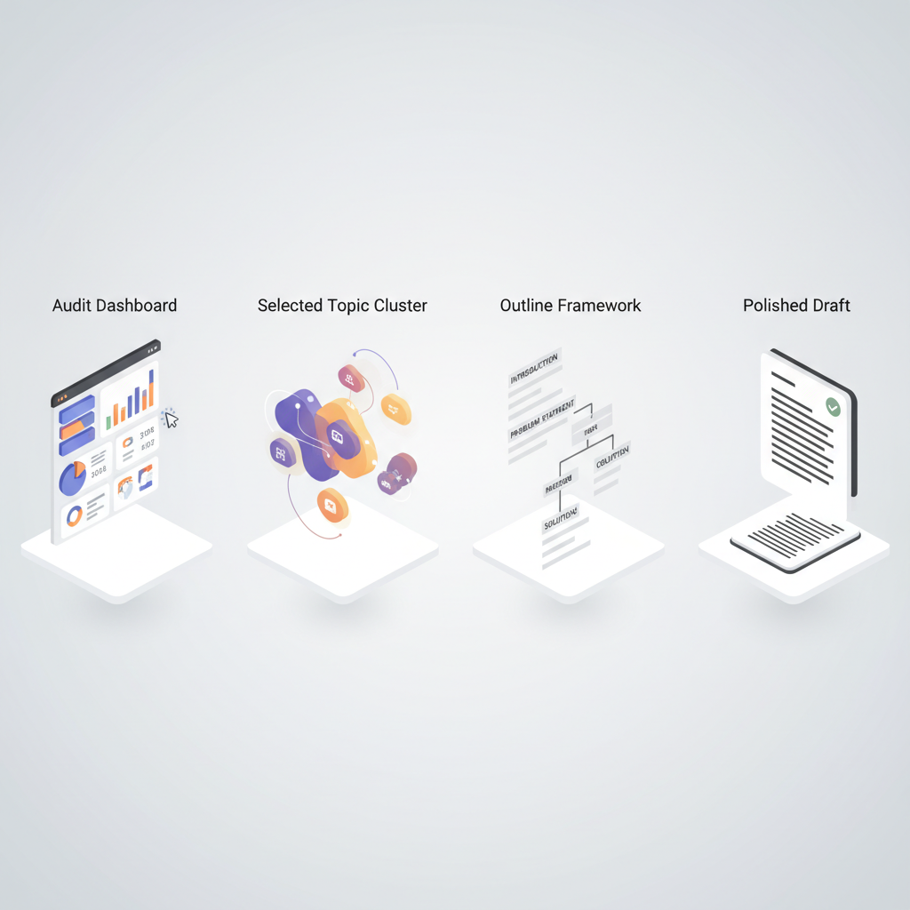 Four-step SEO writing workflow: site audit, topic selection, outline generation, and final draft refinement