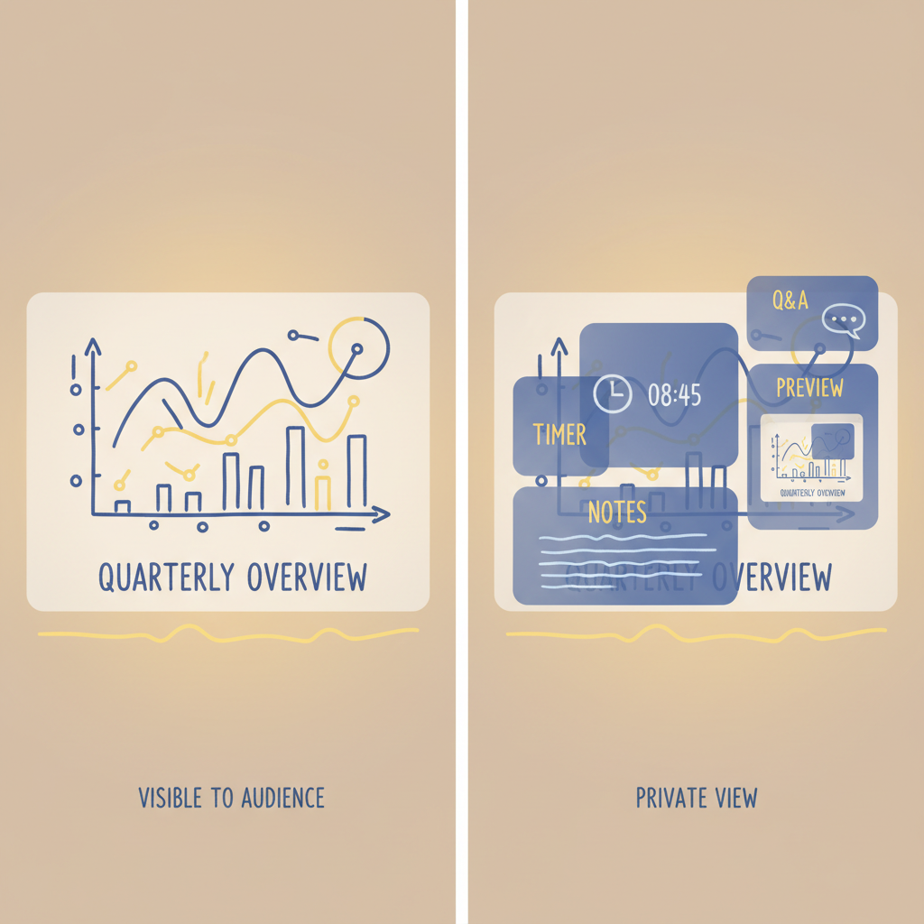 Comparison of Slideshow view versus Presenter View layouts and information panels