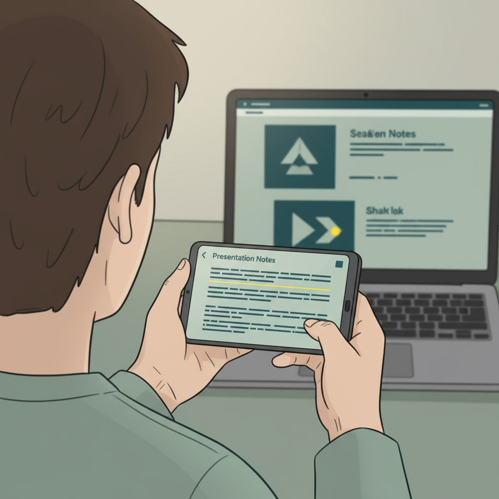 Person using phone as wireless presenter remote while laptop displays full-screen slides