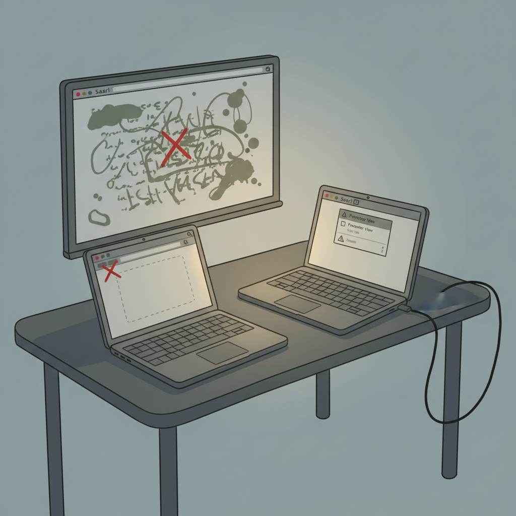 Three common Presenter View troubleshooting scenarios: mirrored display, wrong browser, collapsed notes panel