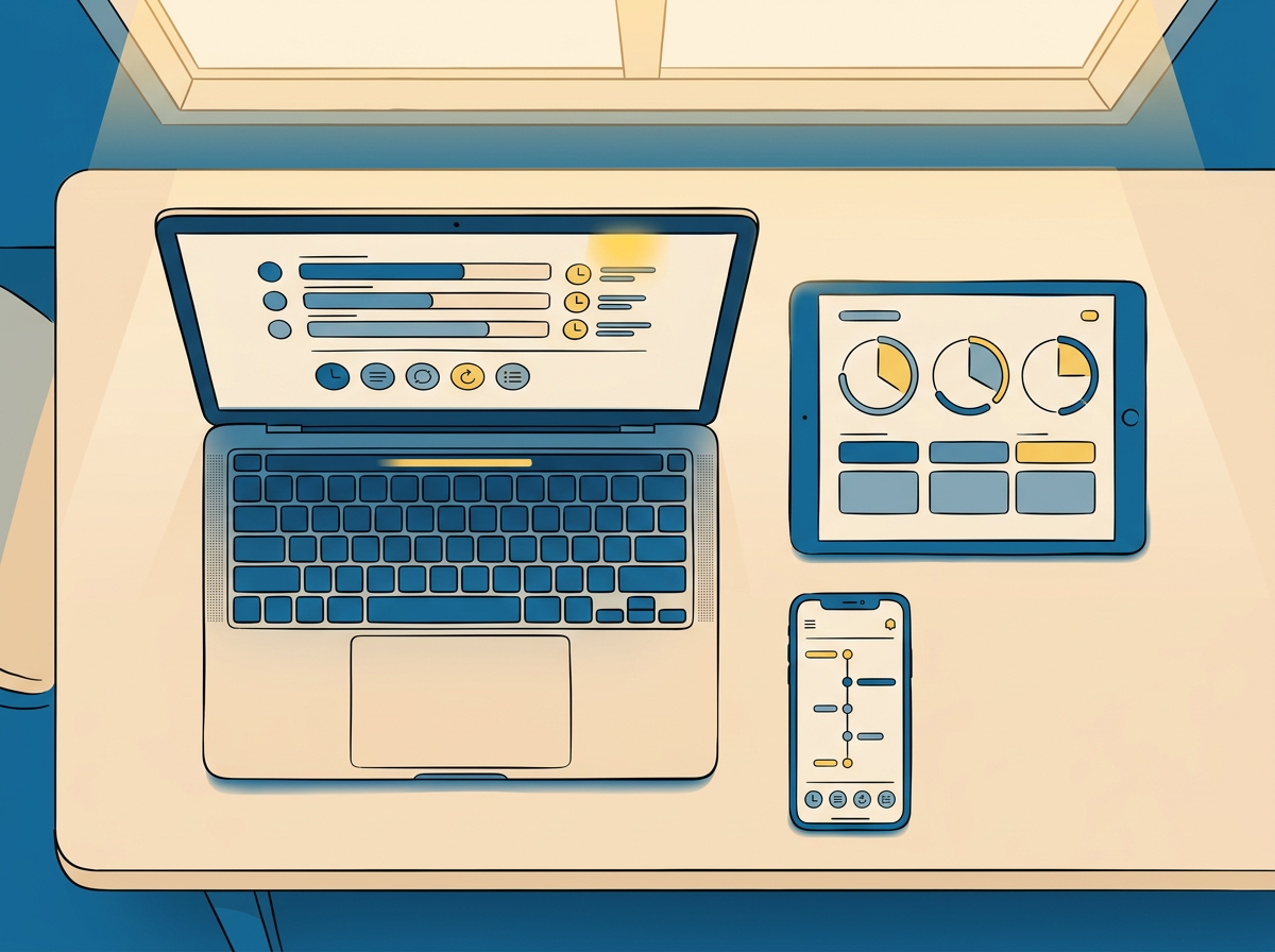 Multiple devices showing different timer options for presentations: laptop, tablet, and phone