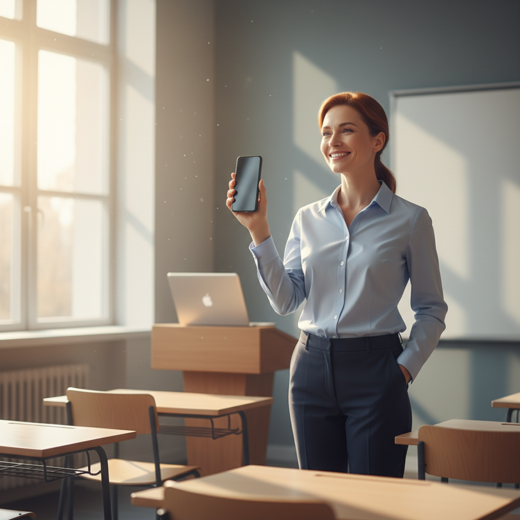 A teacher in a classroom holds her phone with confidence as a Google Slides remote, no clicker needed
