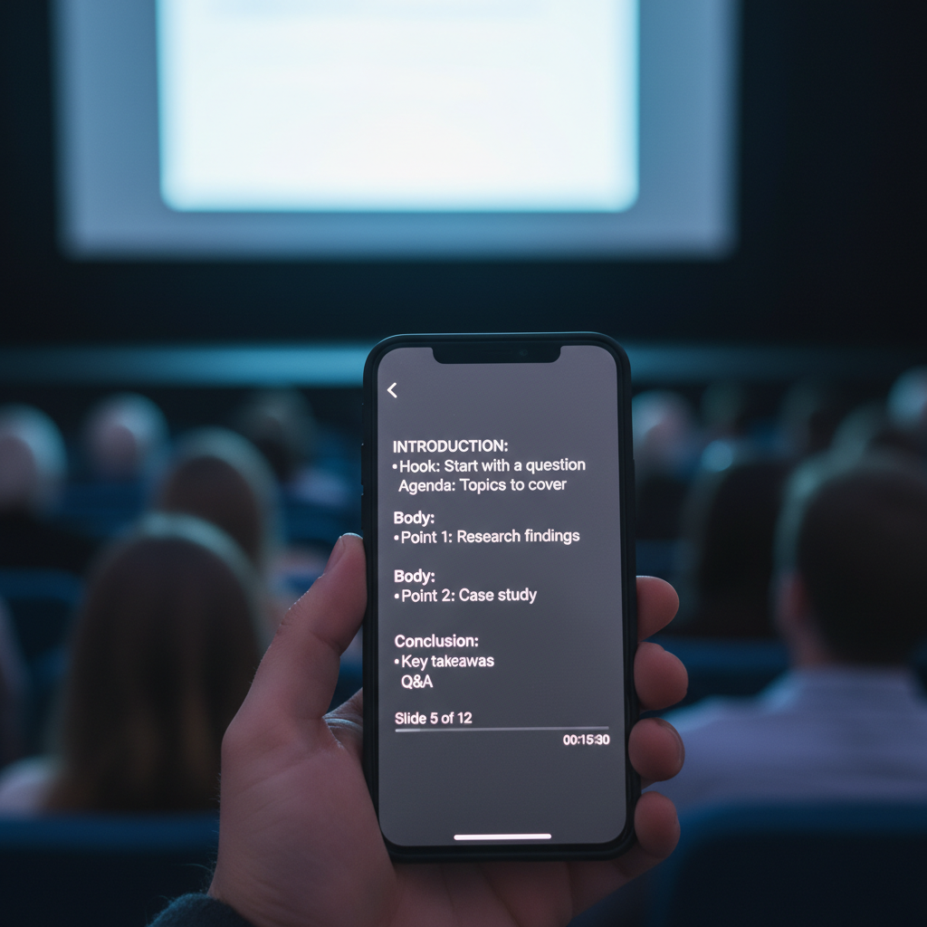 Speaker notes display live on a phone screen while the audience sees only the Google Slides presentation