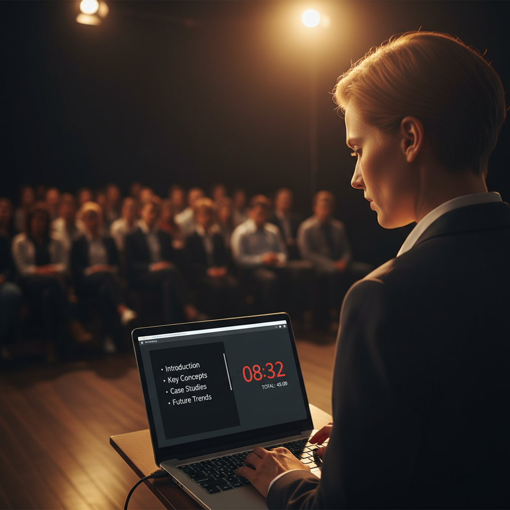 Presenter using speaker notes and timer in presenter view during a live presentation